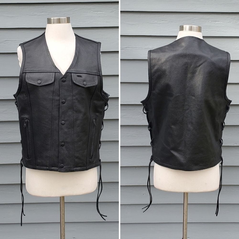 Z1R Moto Motorcycle Gaucho Conceal Carry‎ CCW Black Leather Snap Vest Mens Med